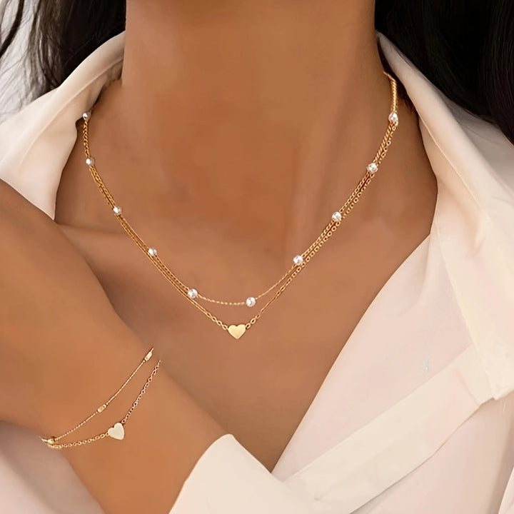 LAYERED HEART &amp; PEARL JEWELRY SET