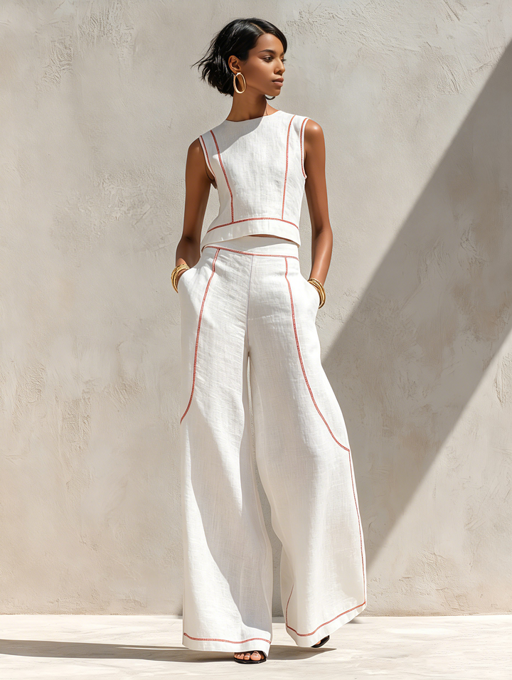 Elegant Contrast-Stitched Pants Set