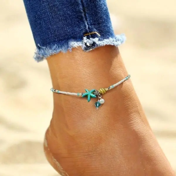 STAR &amp; SHELL ANKLET WITH NATURAL STONES