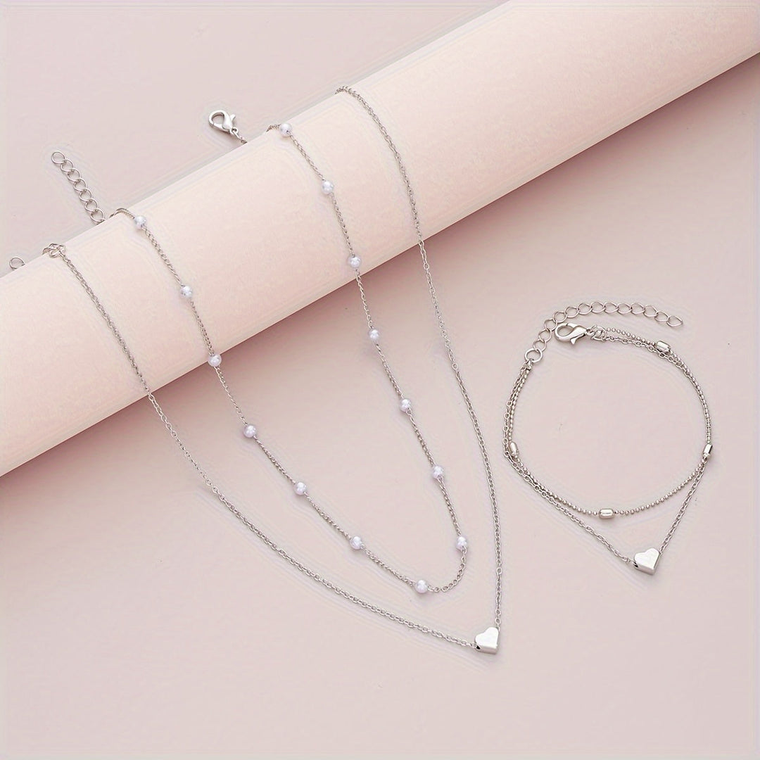 LAYERED HEART &amp; PEARL JEWELRY SET