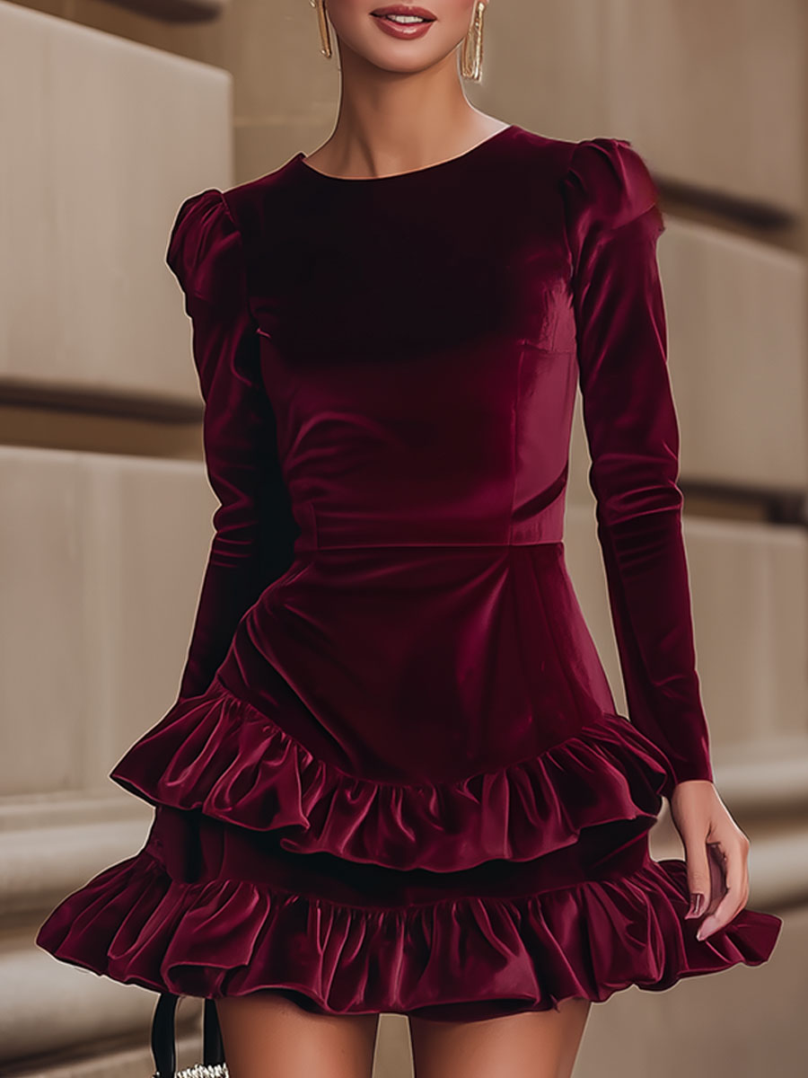 AURELIA | BURGUNDY VELVET RUFFLE DRESS