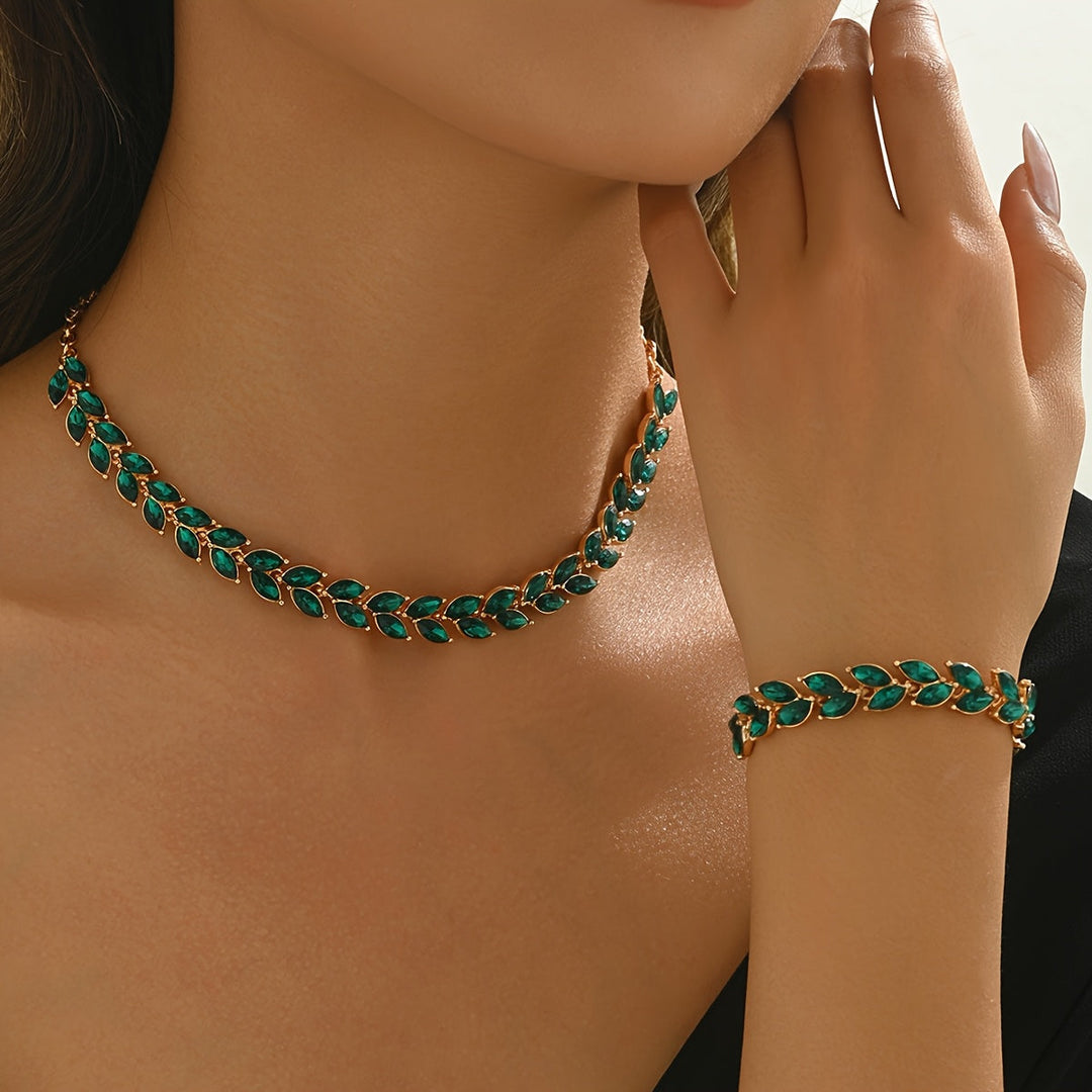 ELEGANT GREEN CRYSTAL NECKLACE &amp; BRACELET DUO