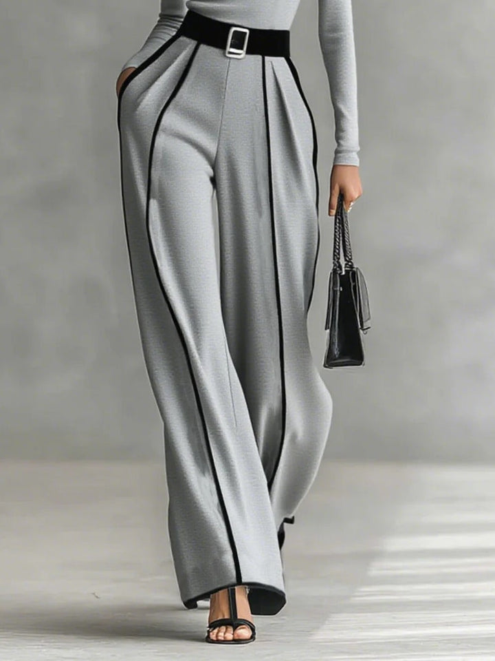 REFINED HIGH-NECK TOP &amp; WIDE-LEG PANTS SET (FREE BELT)