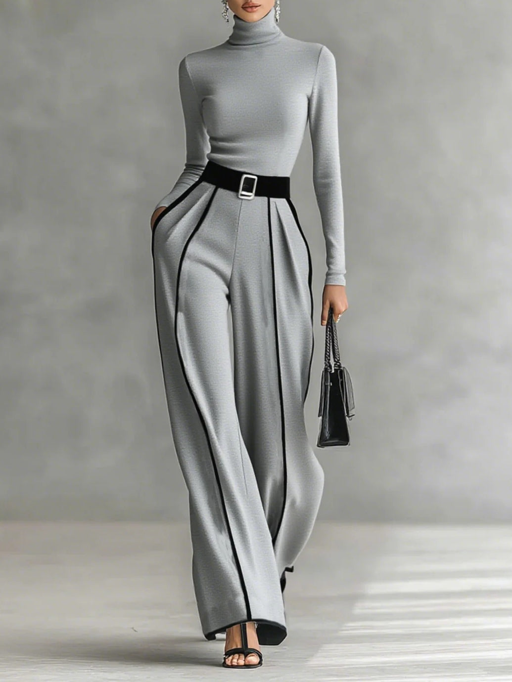 REFINED HIGH-NECK TOP &amp; WIDE-LEG PANTS SET (FREE BELT)