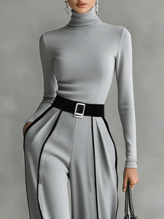 REFINED HIGH-NECK TOP &amp; WIDE-LEG PANTS SET (FREE BELT)