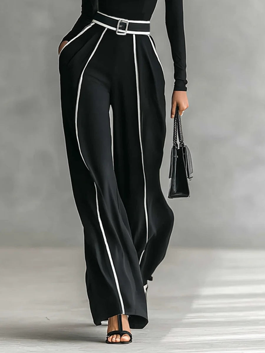 REFINED HIGH-NECK TOP &amp; WIDE-LEG PANTS SET (FREE BELT)