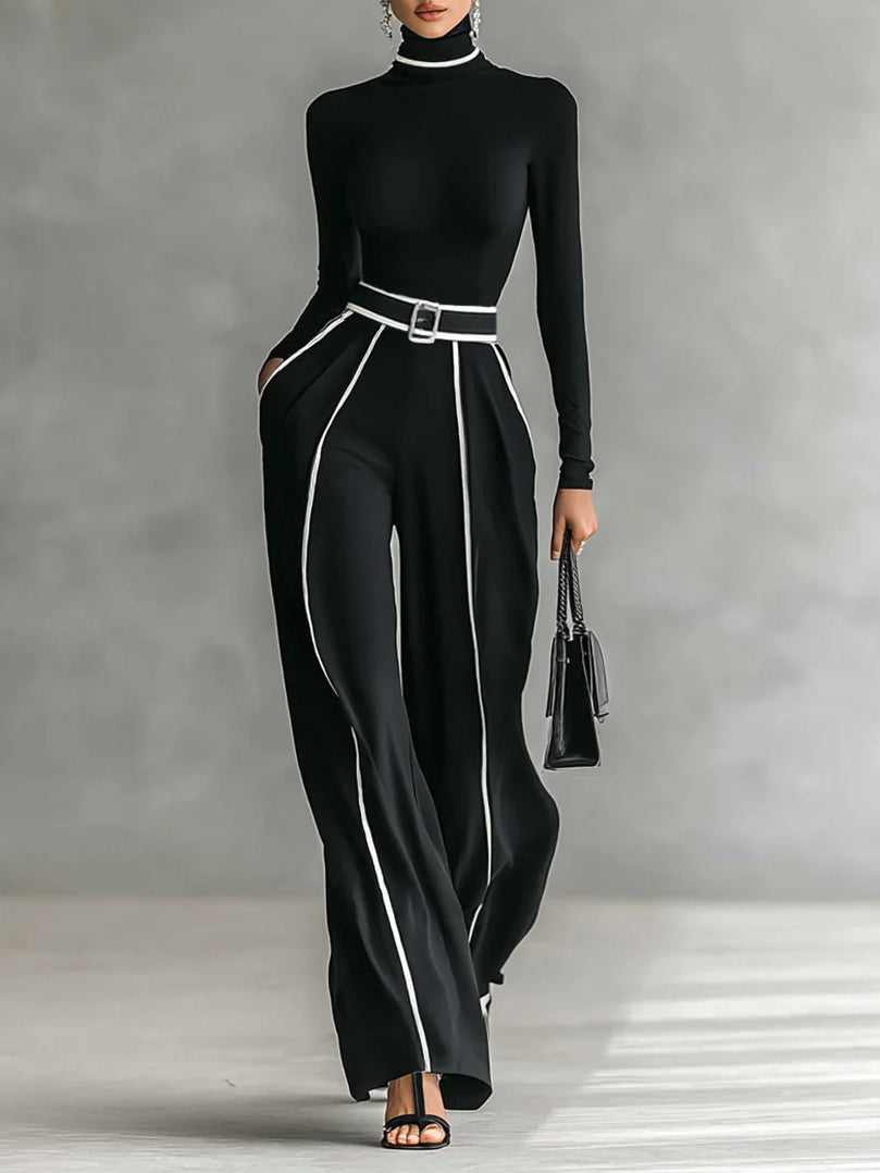 REFINED HIGH-NECK TOP &amp; WIDE-LEG PANTS SET (FREE BELT)