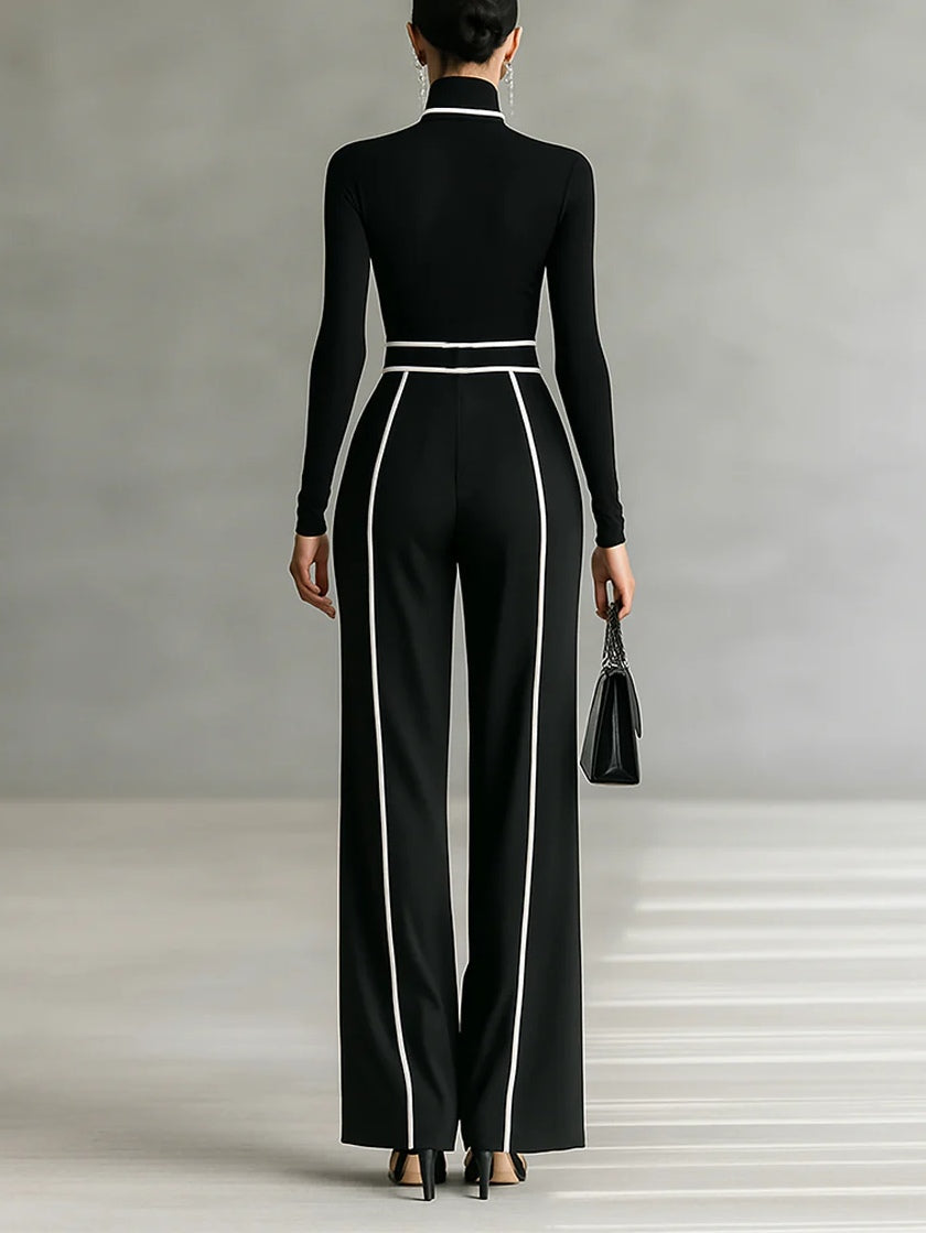 REFINED HIGH-NECK TOP &amp; WIDE-LEG PANTS SET (FREE BELT)