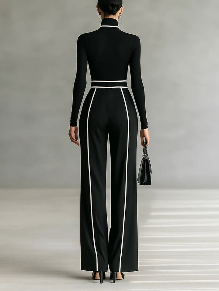 REFINED HIGH-NECK TOP &amp; WIDE-LEG PANTS SET (FREE BELT)