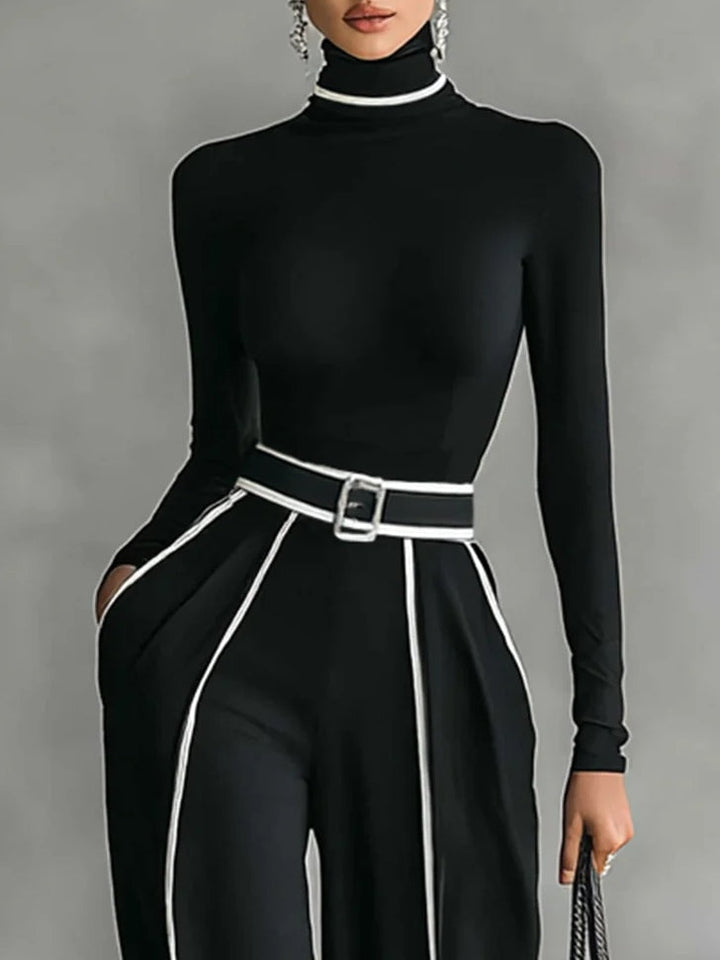 REFINED HIGH-NECK TOP &amp; WIDE-LEG PANTS SET (FREE BELT)
