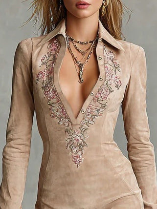 Arawen | Beige Slim Suede Neck Floral Lapel Midi Dress