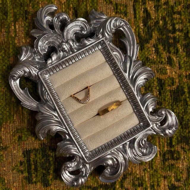 Rococo Silver Jewelry Display Frame: Suede Ring &amp; Earring Holder
