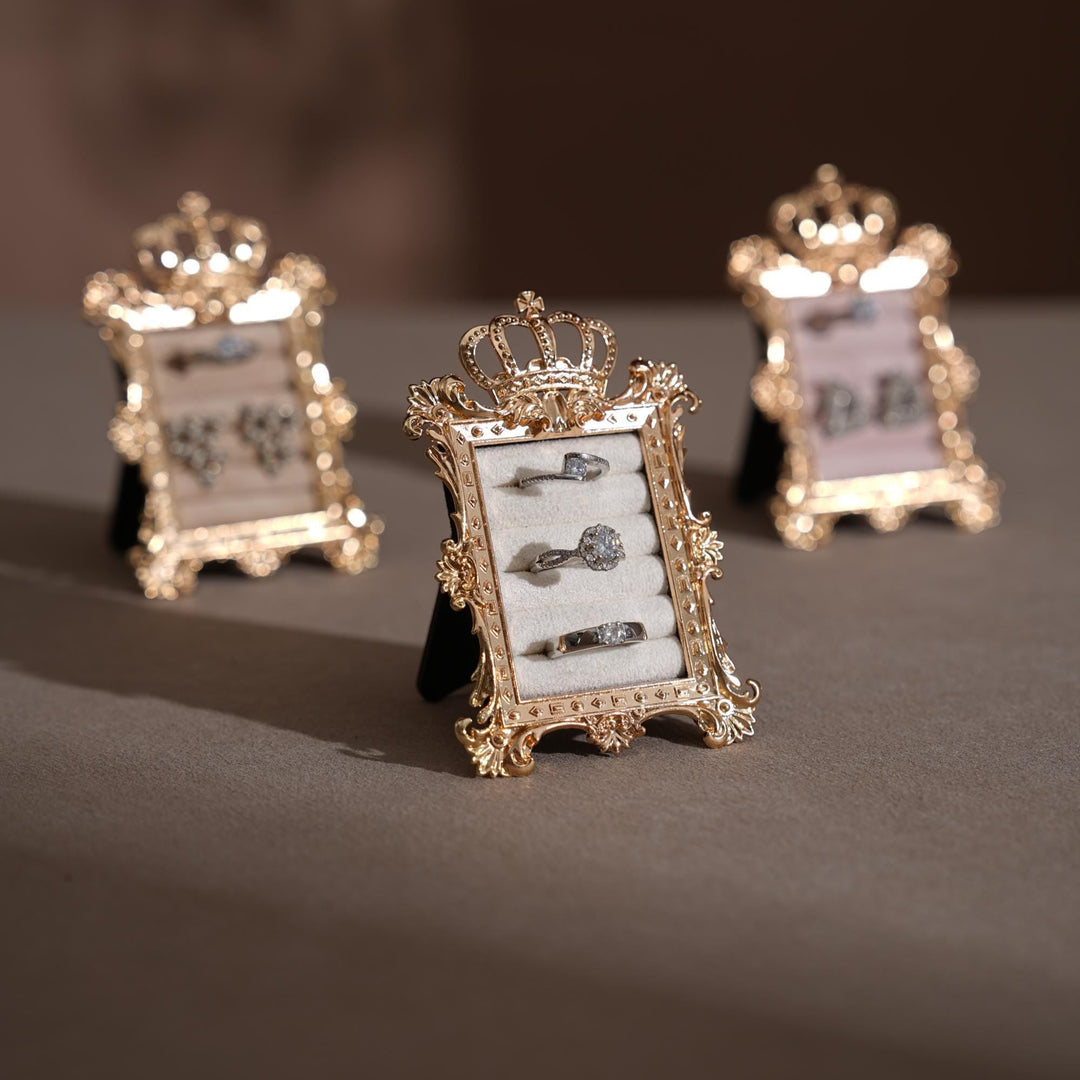 Gold Crown Ring Holder: Vegan Suede Jewelry Display Frame