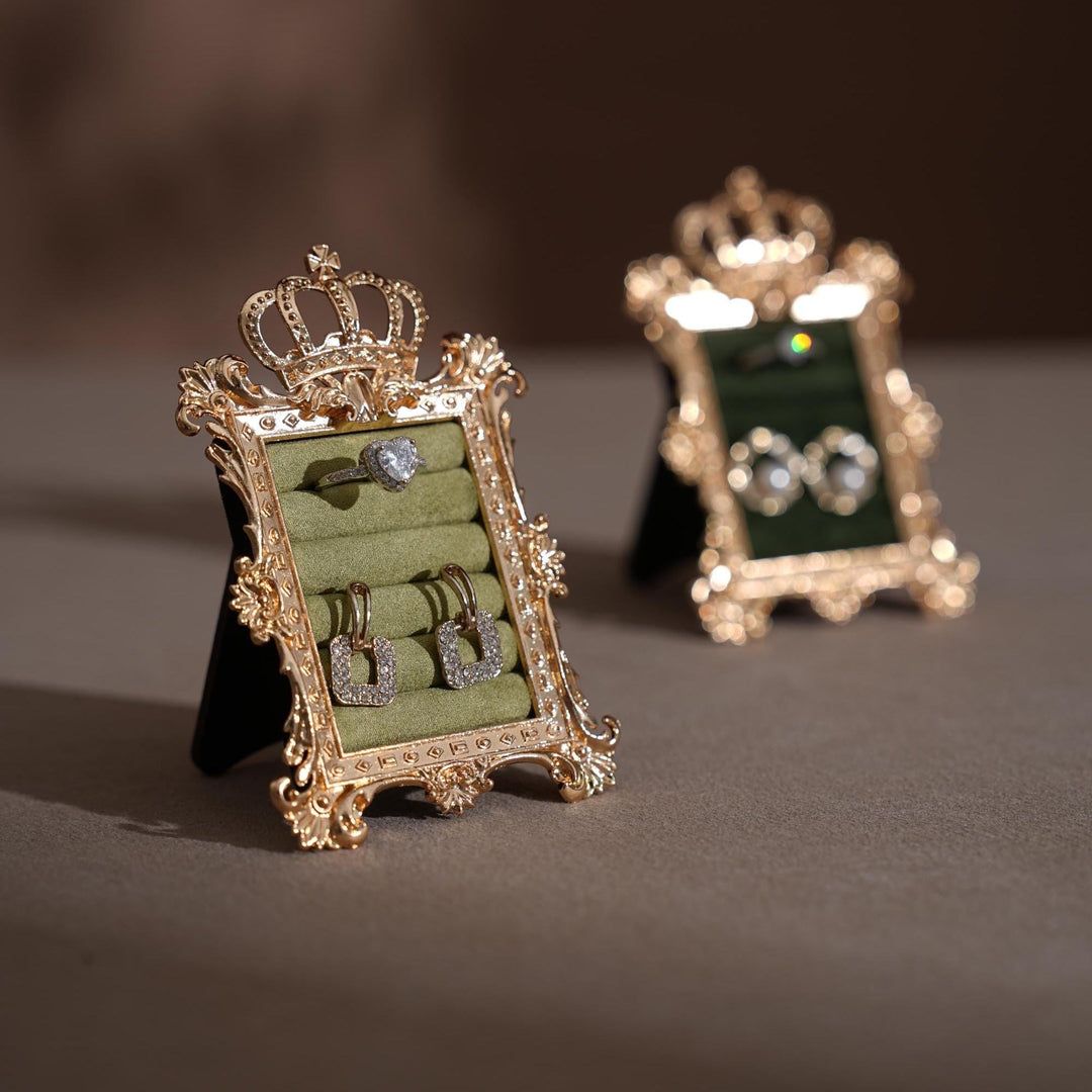Gold Crown Ring Holder: Vegan Suede Jewelry Display Frame