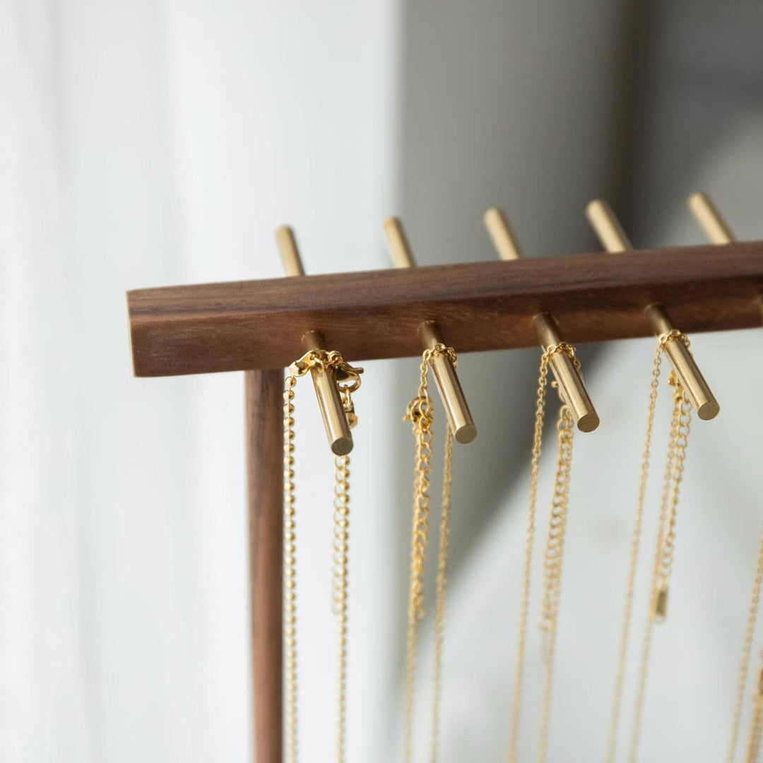 Elegant Solid Walnut Necklace &amp; Bracelet Stand | Brass Hardware