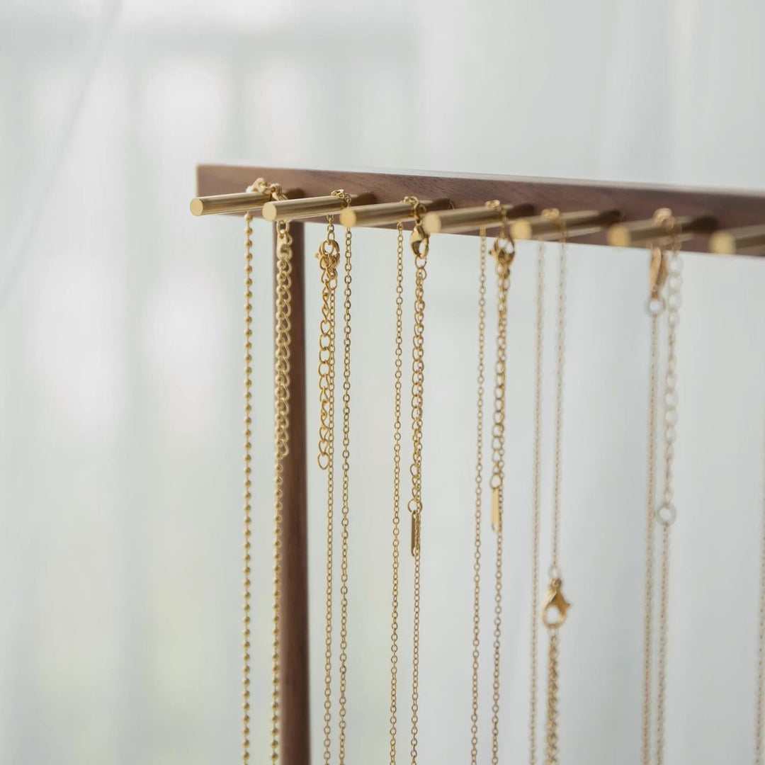 Elegant Solid Walnut Necklace &amp; Bracelet Stand | Brass Hardware