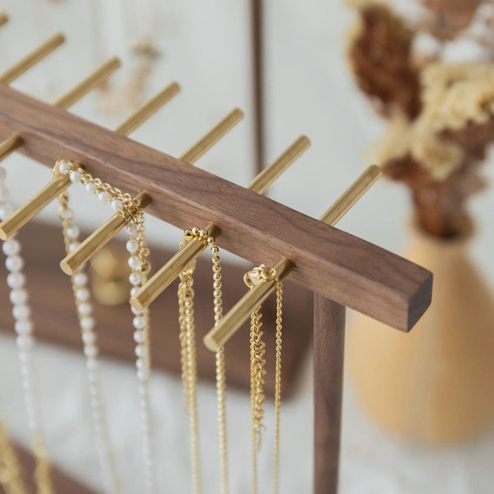 Elegant Solid Walnut Necklace &amp; Bracelet Stand | Brass Hardware