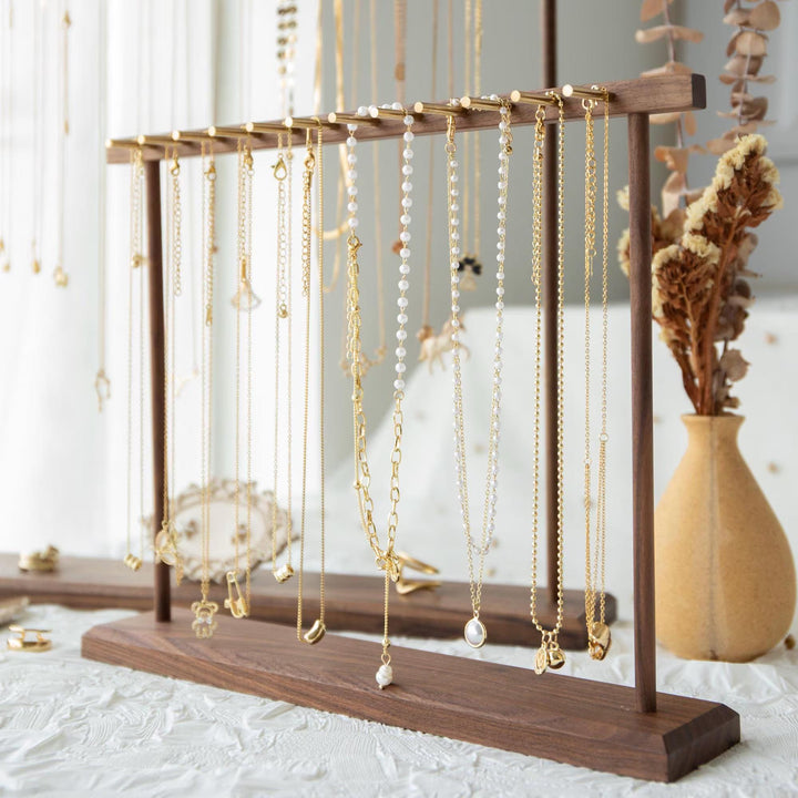Elegant Solid Walnut Necklace &amp; Bracelet Stand | Brass Hardware