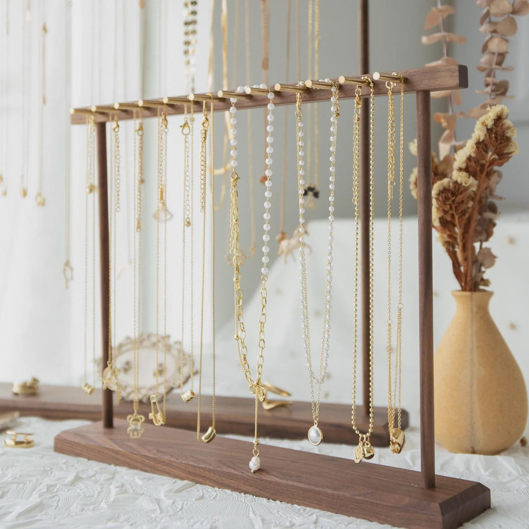 Elegant Solid Walnut Necklace &amp; Bracelet Stand | Brass Hardware