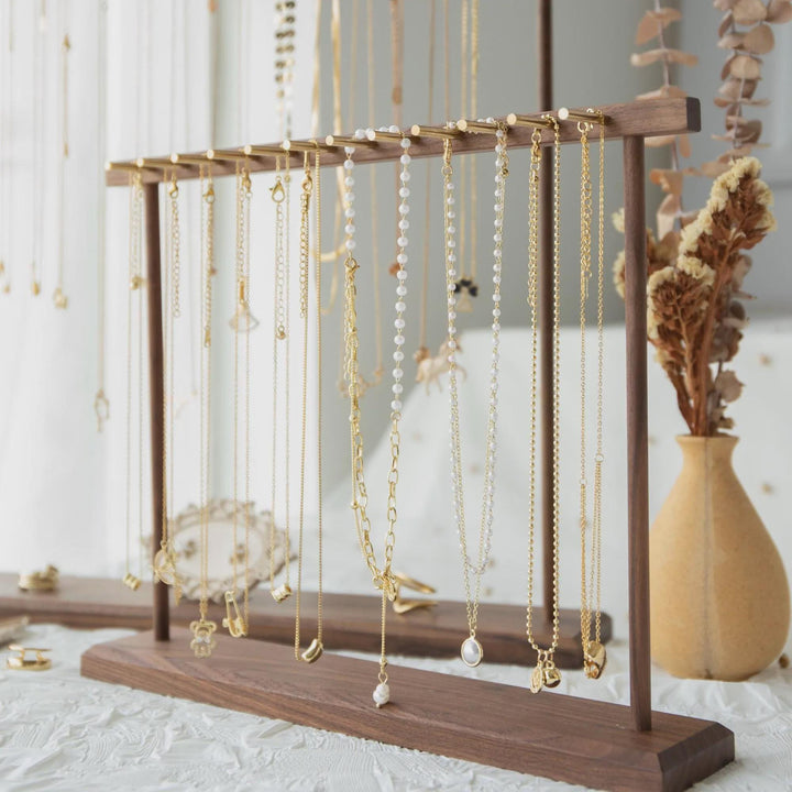 Elegant Solid Walnut Necklace &amp; Bracelet Stand | Brass Hardware