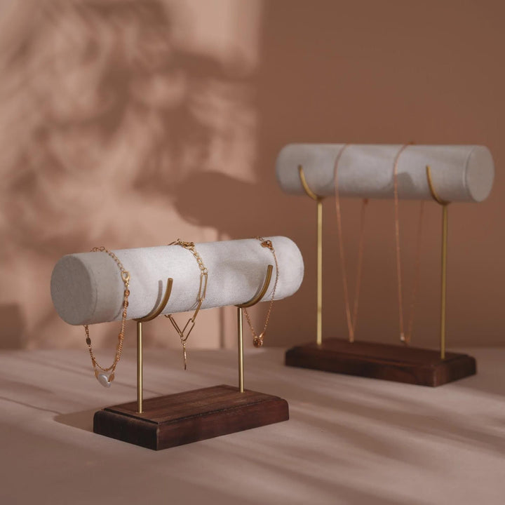 High-End Bracelet Stand with Brass Supports and Walnut Wood Base