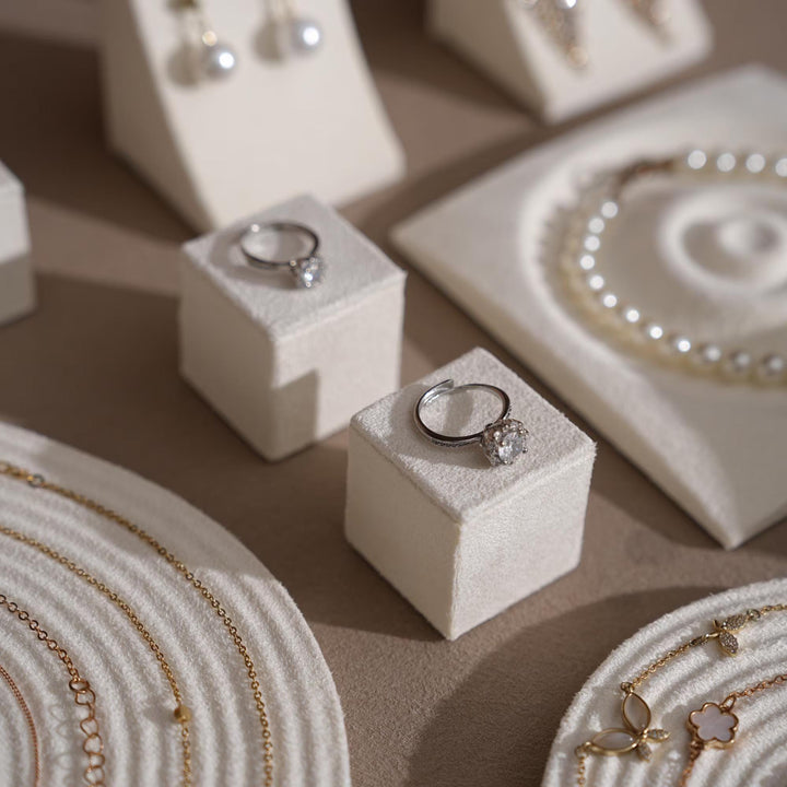 Elegant White Vegan Suede Jewelry Dish &amp; Tray Set | 17-Piece Boutique Display