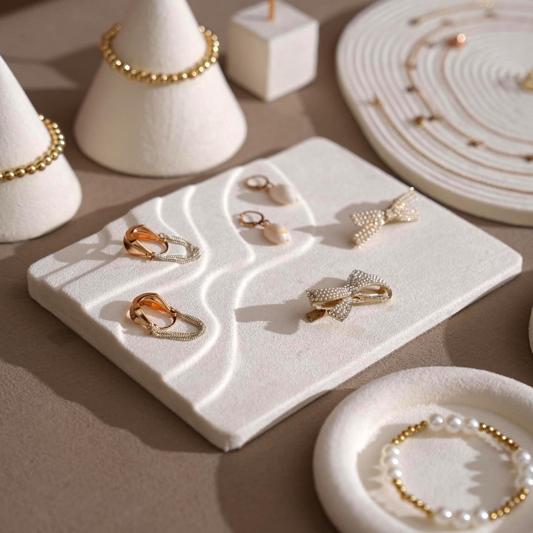 Elegant White Vegan Suede Jewelry Dish &amp; Tray Set | 17-Piece Boutique Display