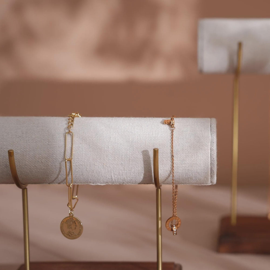 High-End Bracelet Stand with Brass Supports and Walnut Wood Base
