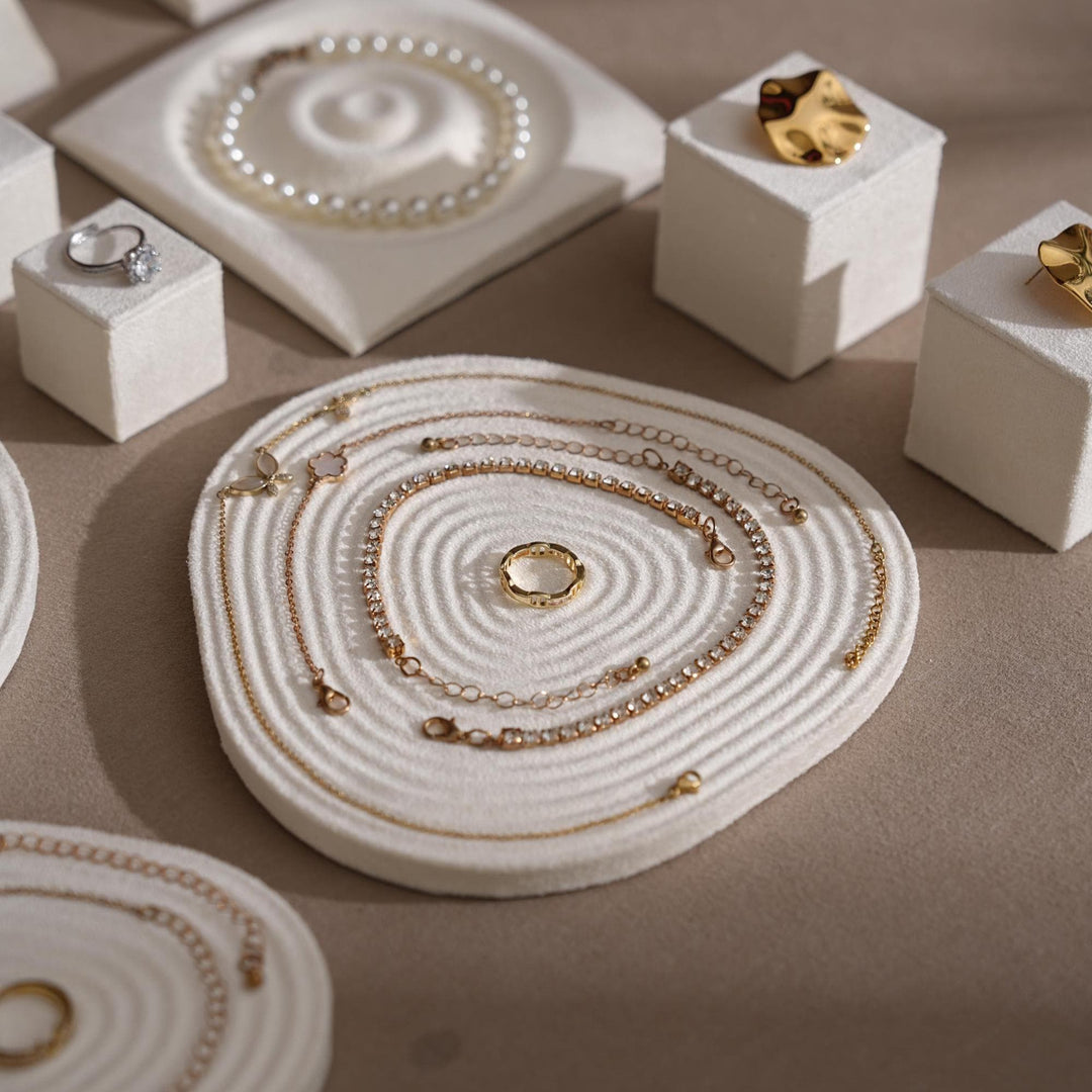 Elegant White Vegan Suede Jewelry Dish &amp; Tray Set | 17-Piece Boutique Display
