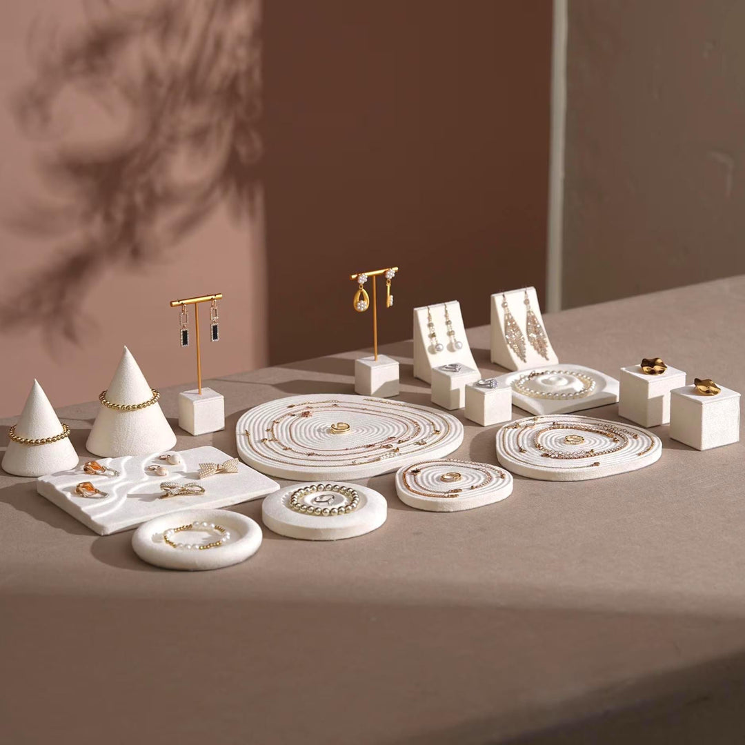 Elegant White Vegan Suede Jewelry Dish &amp; Tray Set | 17-Piece Boutique Display