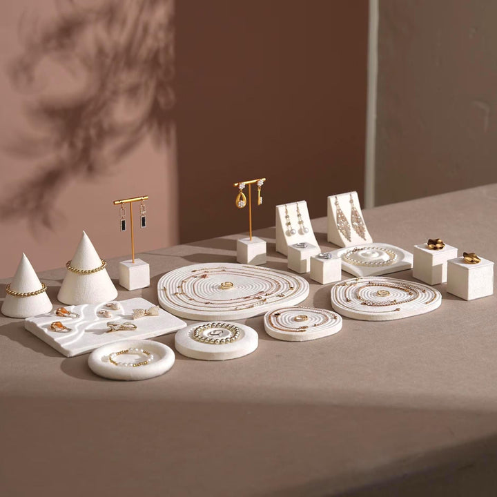 Elegant White Vegan Suede Jewelry Dish &amp; Tray Set | 17-Piece Boutique Display