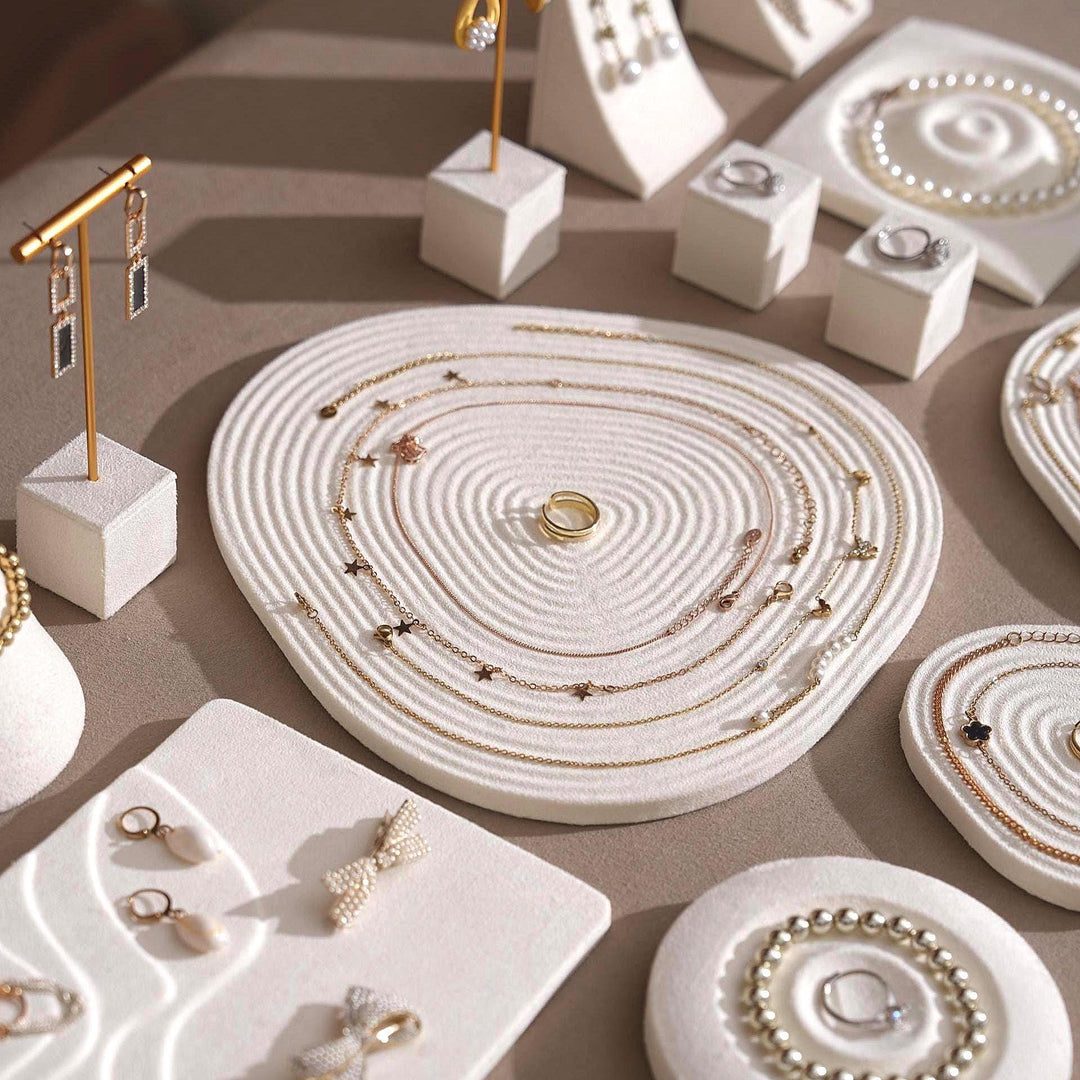 Elegant White Vegan Suede Jewelry Dish &amp; Tray Set | 17-Piece Boutique Display