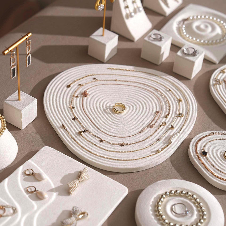 Elegant White Vegan Suede Jewelry Dish &amp; Tray Set | 17-Piece Boutique Display