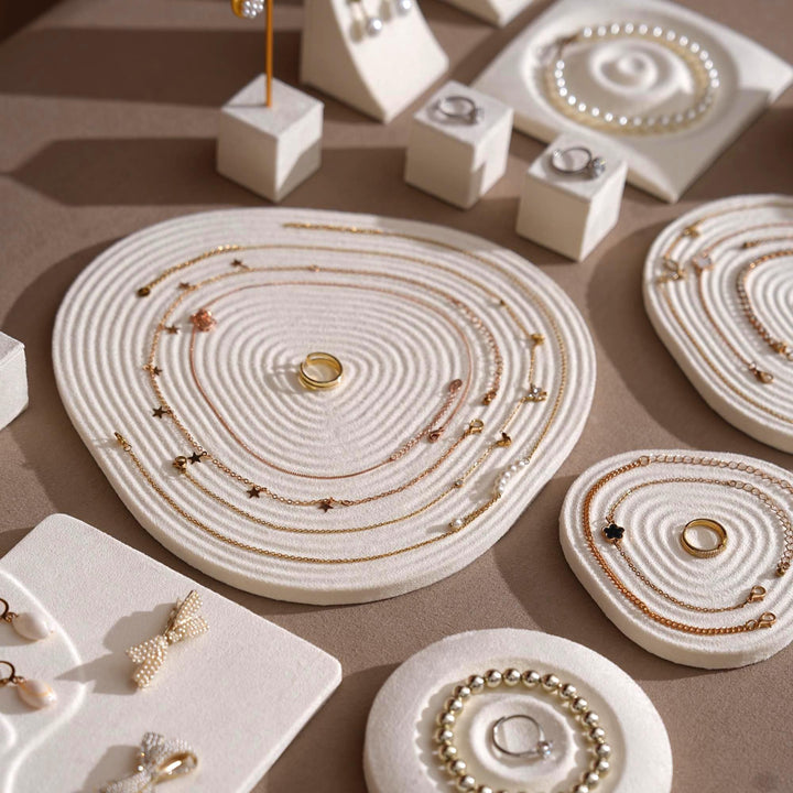 Elegant White Vegan Suede Jewelry Dish &amp; Tray Set | 17-Piece Boutique Display