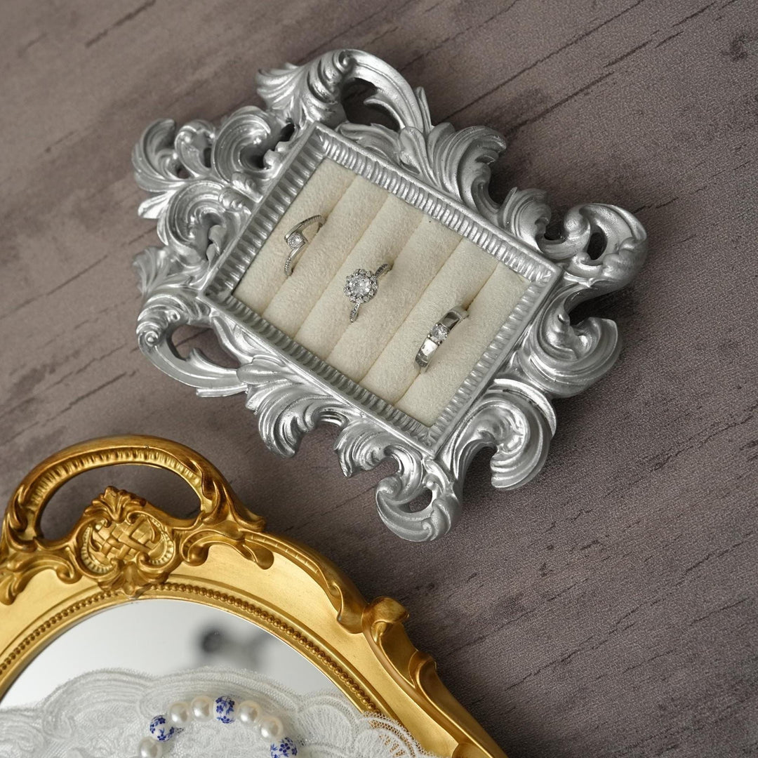 Rococo Silver Jewelry Display Frame: Suede Ring &amp; Earring Holder