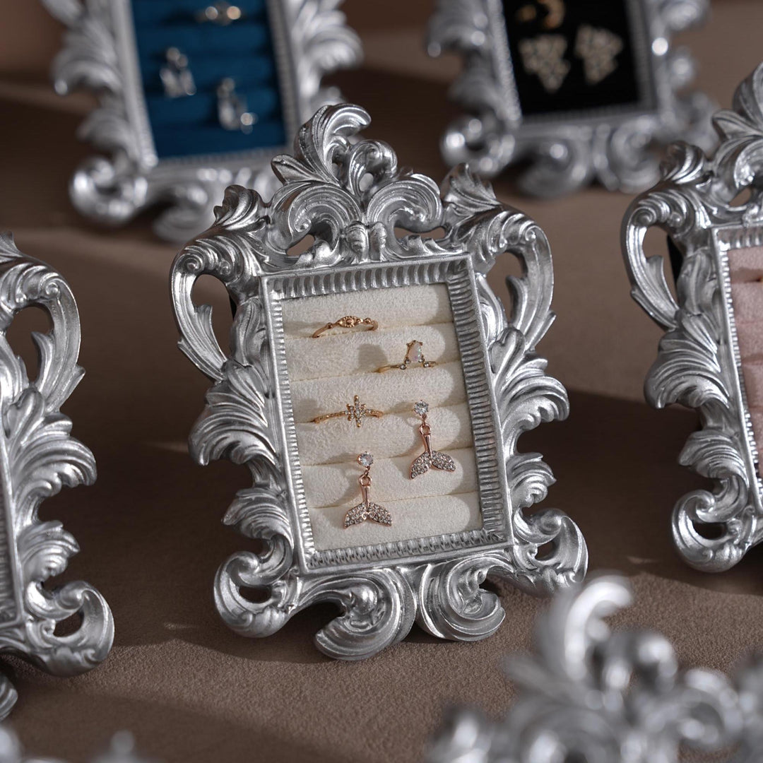 Rococo Silver Jewelry Display Frame: Suede Ring &amp; Earring Holder