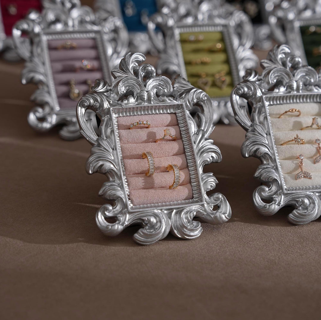 Rococo Silver Jewelry Display Frame: Suede Ring &amp; Earring Holder