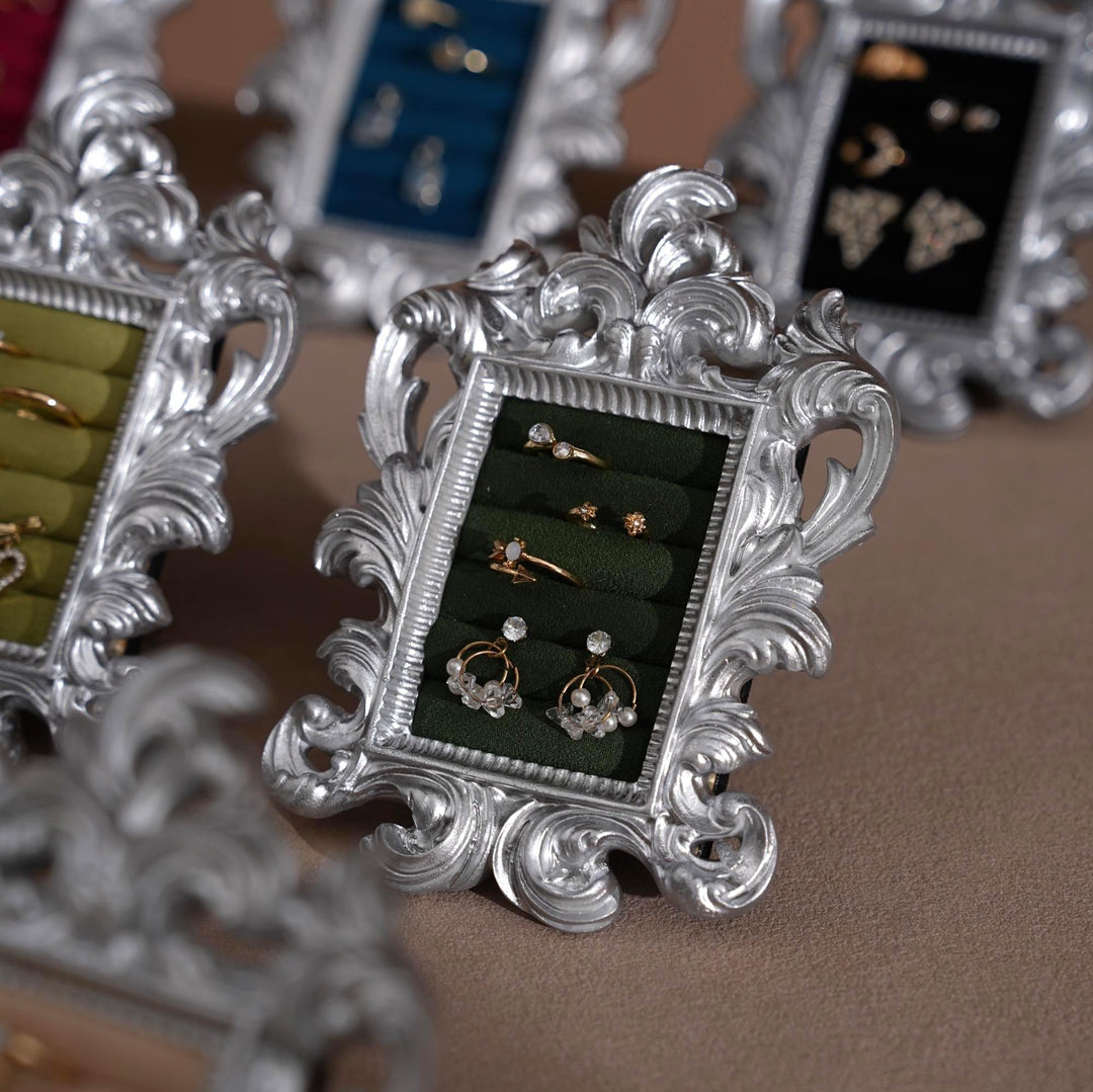 Rococo Silver Jewelry Display Frame: Suede Ring &amp; Earring Holder