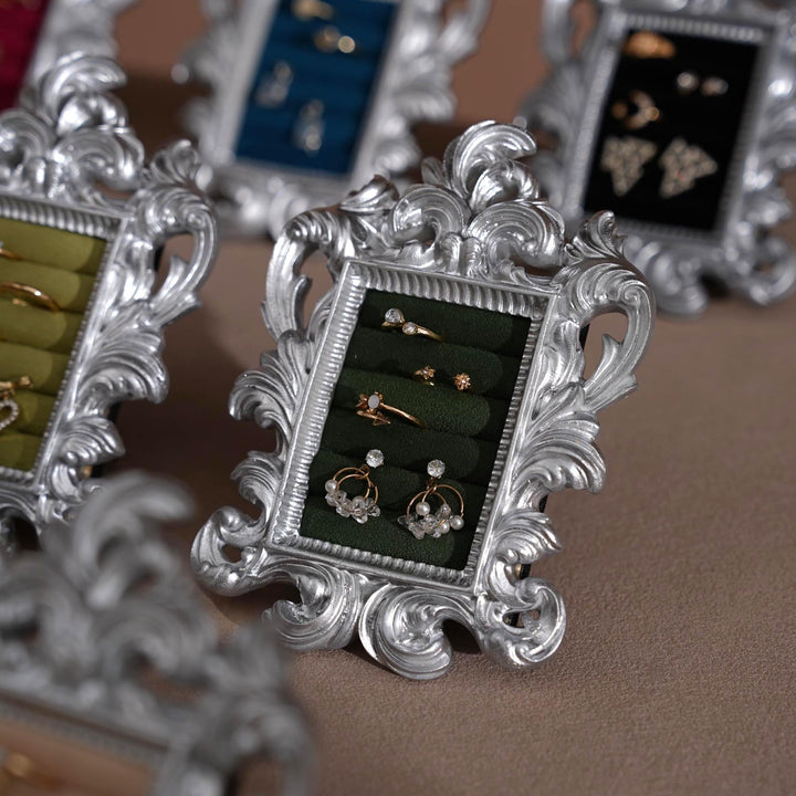 Rococo Silver Jewelry Display Frame: Suede Ring &amp; Earring Holder