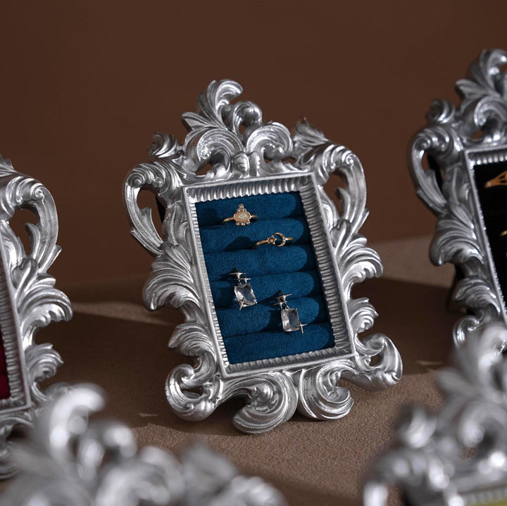 Rococo Silver Jewelry Display Frame: Suede Ring &amp; Earring Holder