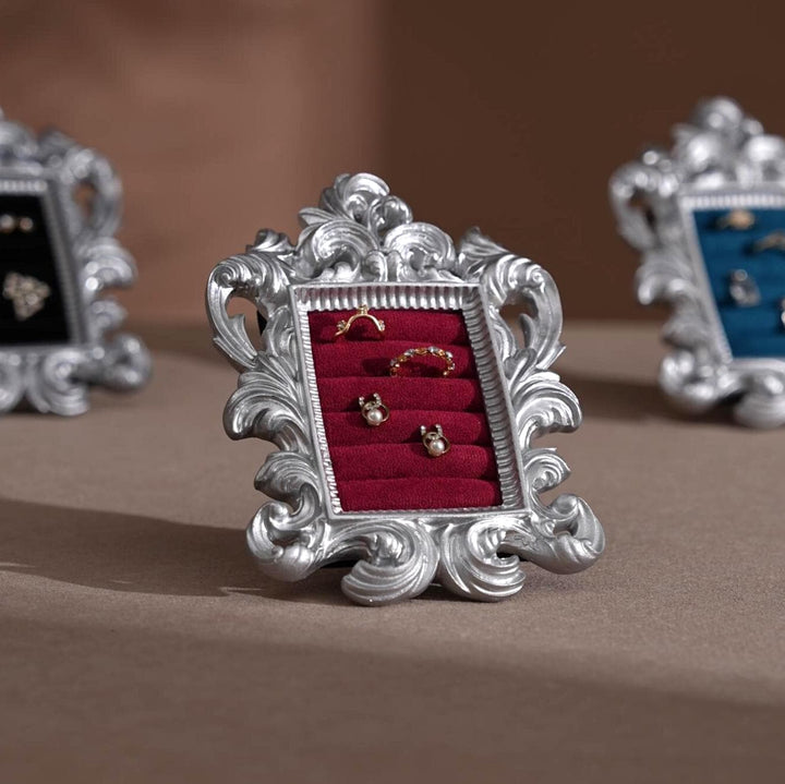 Rococo Silver Jewelry Display Frame: Suede Ring &amp; Earring Holder