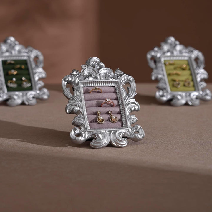 Rococo Silver Jewelry Display Frame: Suede Ring &amp; Earring Holder