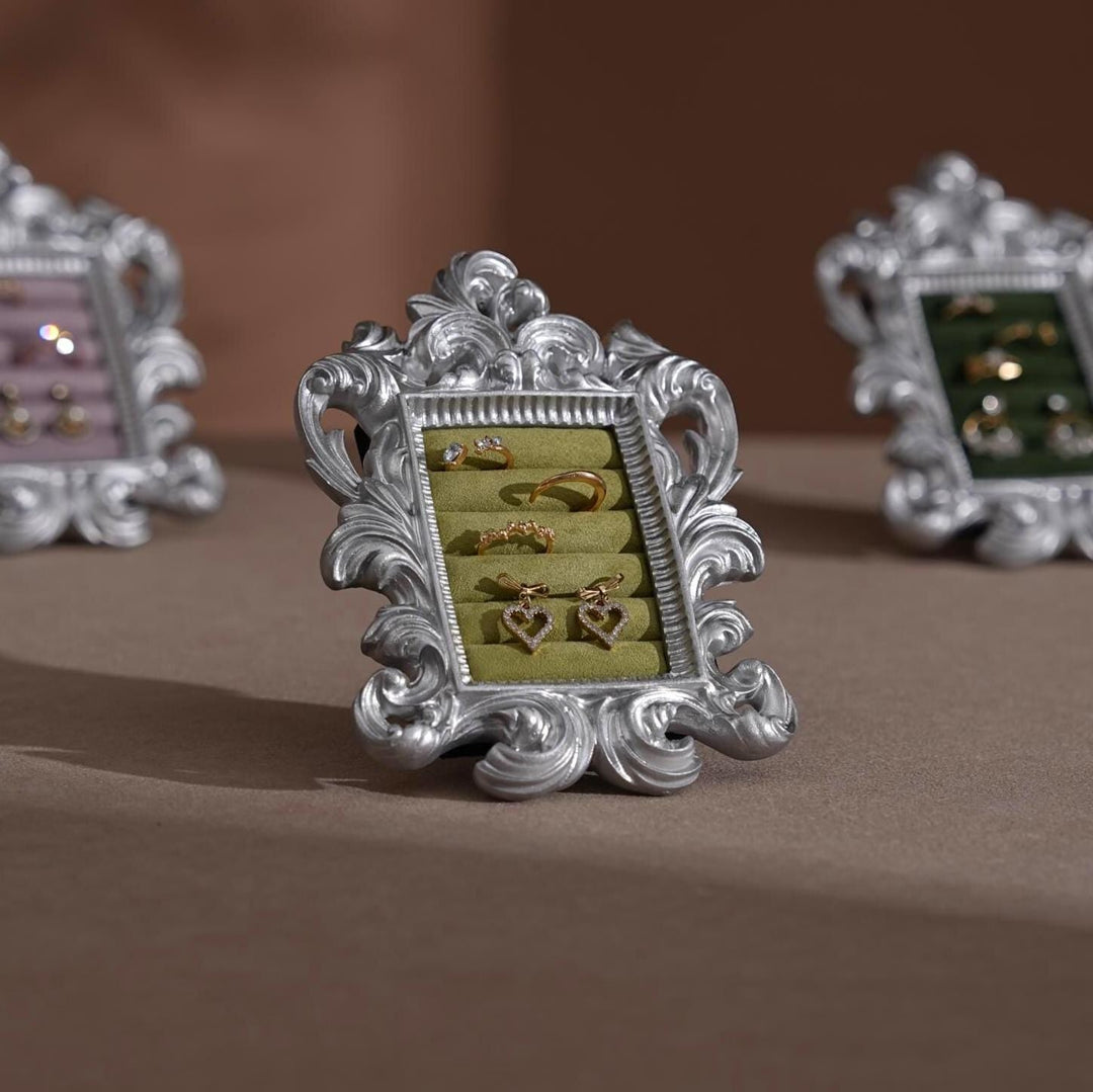 Rococo Silver Jewelry Display Frame: Suede Ring &amp; Earring Holder