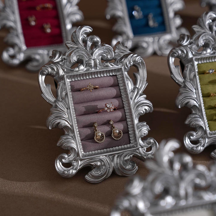 Rococo Silver Jewelry Display Frame: Suede Ring &amp; Earring Holder