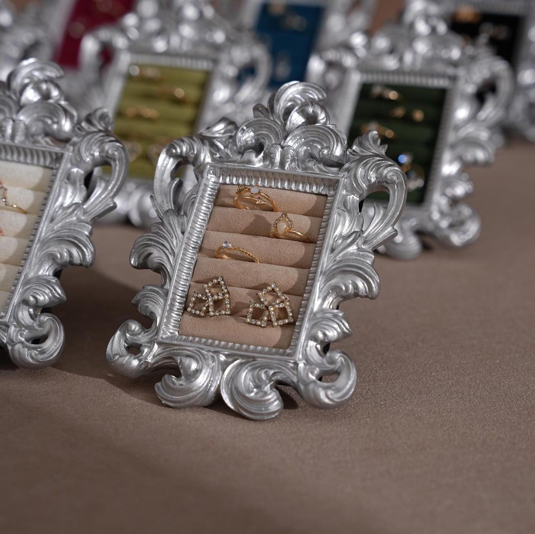 Rococo Silver Jewelry Display Frame: Suede Ring &amp; Earring Holder