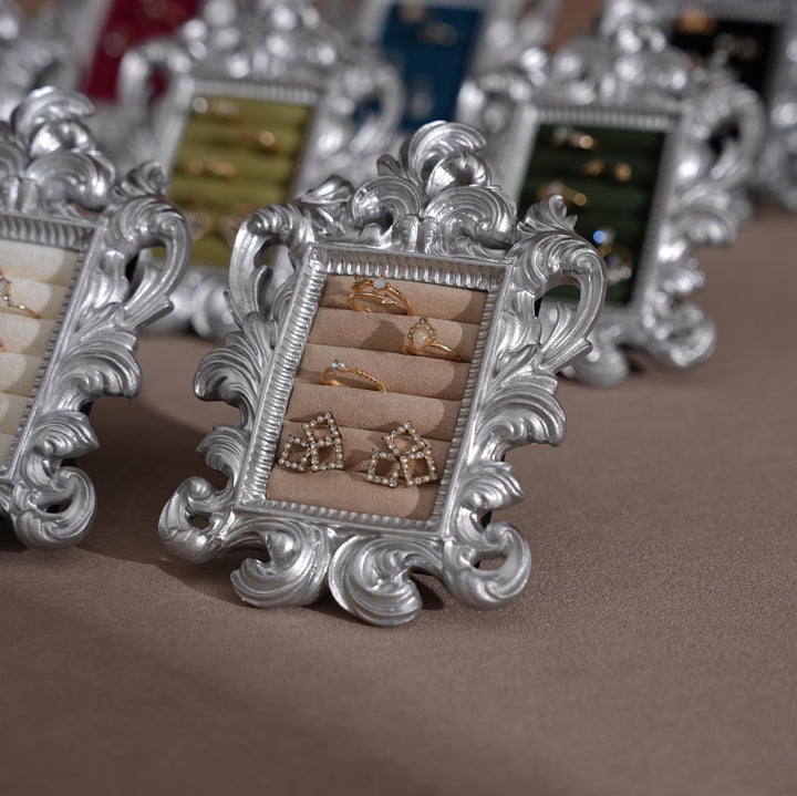 Rococo Silver Jewelry Display Frame: Suede Ring &amp; Earring Holder