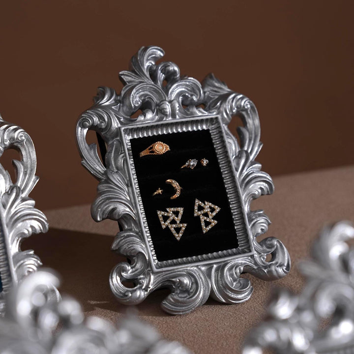 Rococo Silver Jewelry Display Frame: Suede Ring &amp; Earring Holder