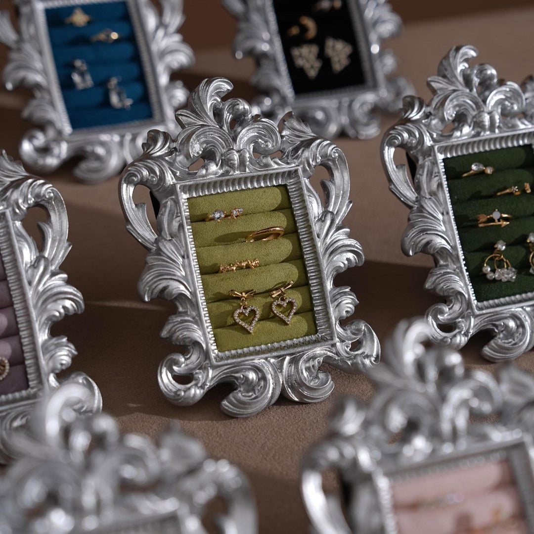 Rococo Silver Jewelry Display Frame: Suede Ring &amp; Earring Holder