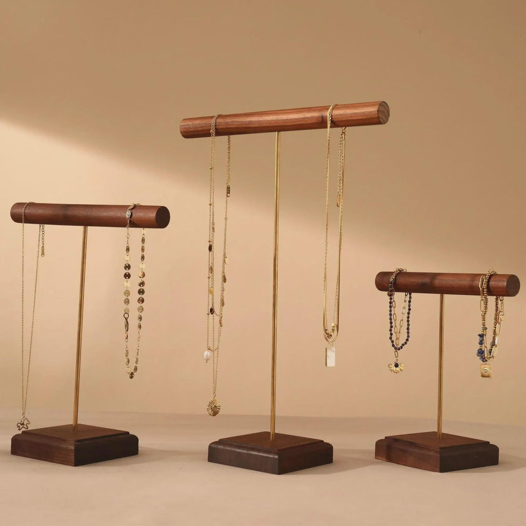 Solid Walnut Necklace &amp; Bracelet Stand, Brass Rod